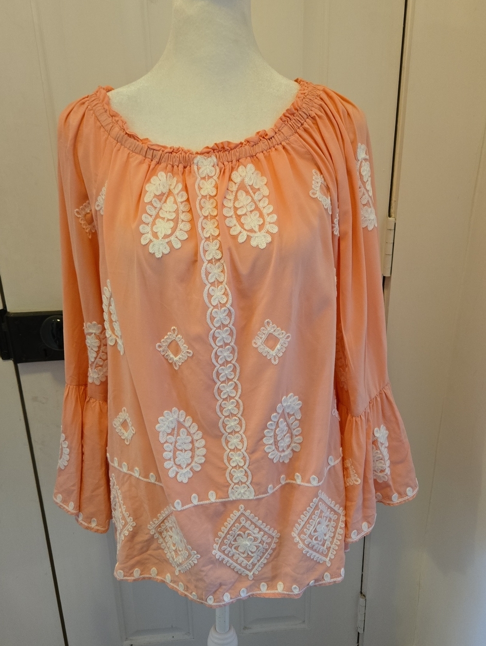 Cato Pink Peasant Blouse with White Embroidery Bell Sleaves Size L